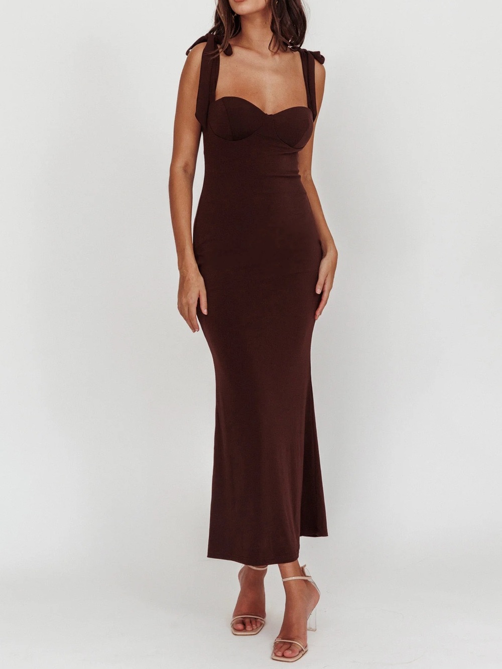 Selfie Leslie - Rose Garden Tied Shoulder Maxi Dress Brown